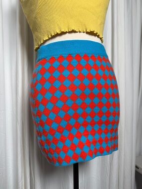 Cider Blue & Red Checker Knit Mini Skirt